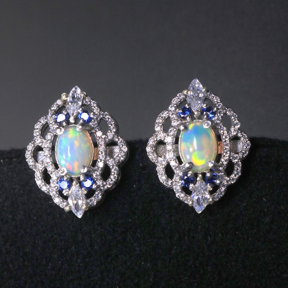 Ethiopian Opal Vintage Stud Earrings, Blue White Accent Halo Studs, Silver Marquise Lace Earrings