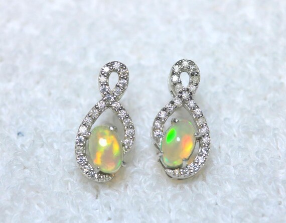 Natural Ethiopian Fire Opal Earrings, Sterling Silver, Moissanite Accents, October Birthstone