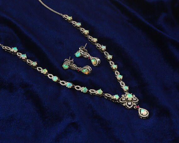 Floral Opal Bridal Jewelry Set, Ethiopian Opal Drop Necklace and Earrings, Gift for Her
