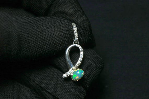 Natural Ethiopian Opal Pendant – 925 Sterling Silver, Oval Cabochon, Moissanite Accents