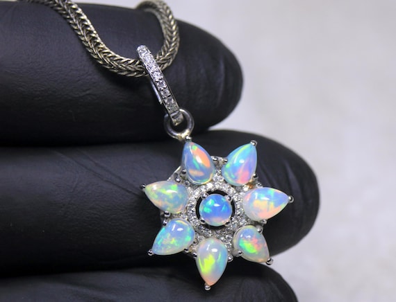 Handcrafted Natural Ethiopian Opal Starburst Pendant, Sterling Silver, October Birthstone Cluster Jewelry