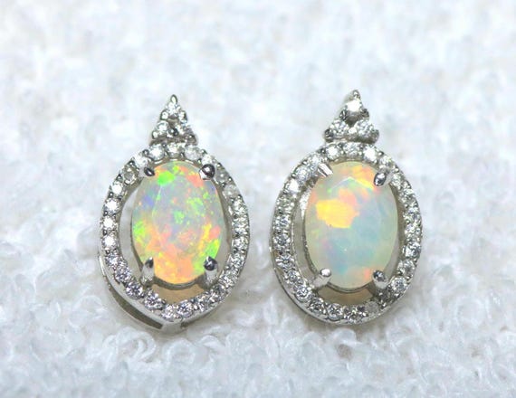 925 Sterling Silver Ethiopian Fire Opal Earrings with Moissanite – Oval Cut Gemstone Jewelry