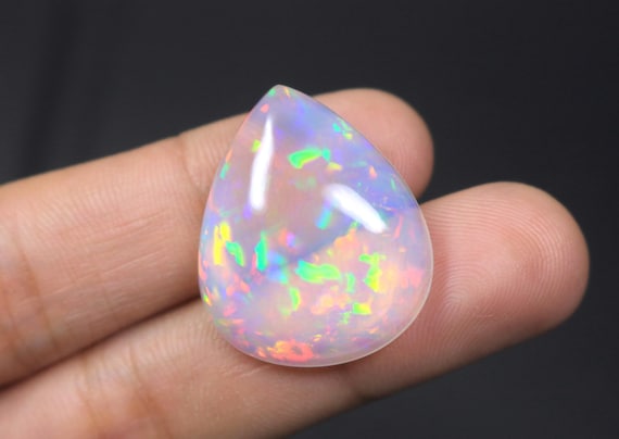 Natural Ethiopian Teardrop Opal Cabochon, 27.80 Carat Loose Gemstone, Mult Fire Welo Crystal Stone