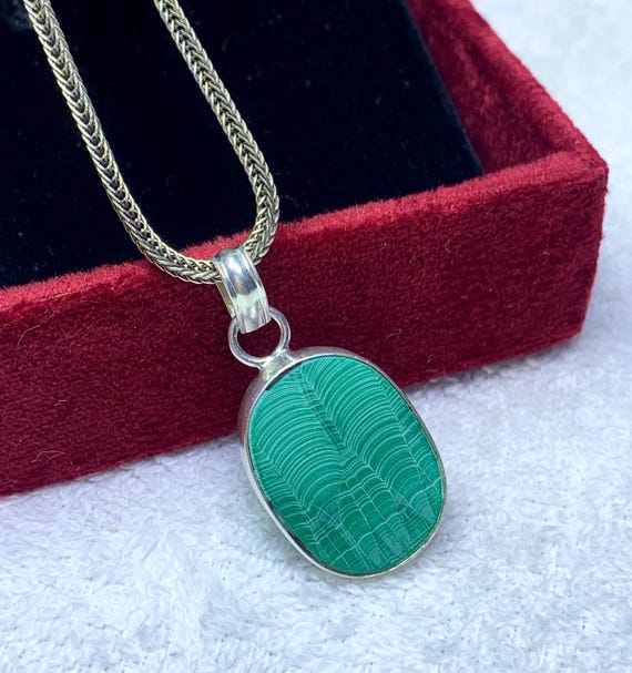 Natural Malachite Oval Cut Pendant, Anniversary 925 Sterling Silver Jewelry Gift for Her