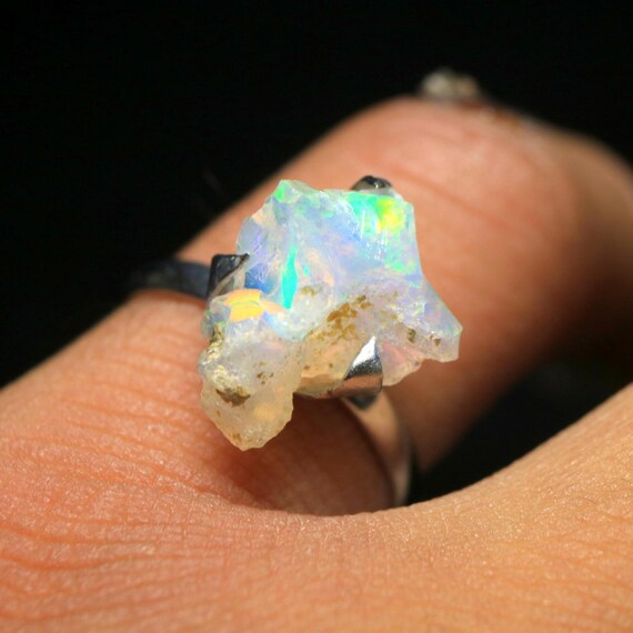 Ethiopian Welo Opal 925 Silver Ring: Raw Gemstone Solitaire, Size 7.5