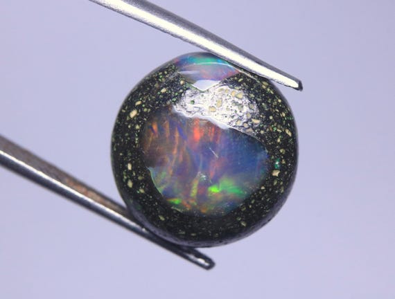Natural Fire Black Boulder Opal Loose Cabochon: 6.00 Carat Round Ethiopian Opal Jewelry Gemstone