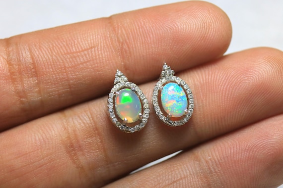 Ethiopian Opal Stud Earrings, Moissanite Halo, Sterling Silver