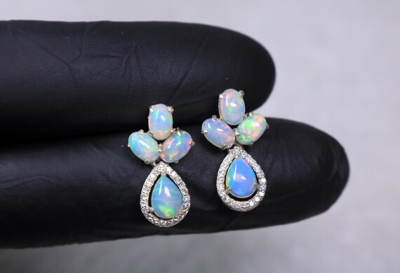 Handcrafted Ethiopian Opal Drop Dangle Earrings, Sterling Silver Halo Jewelry, October Birthstone