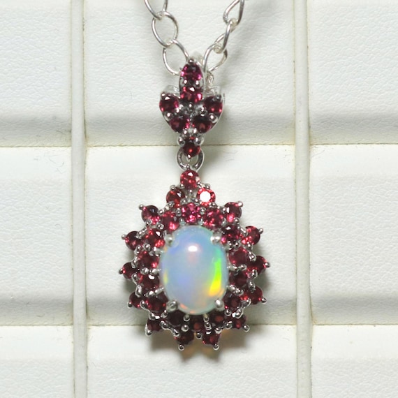 Ethiopian Opal & Garnet Sterling Silver Pendant: Anniversary Birthstone Jewelry