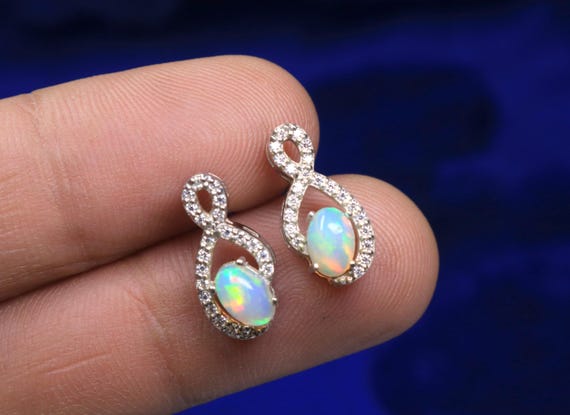 Dainty Oval White Opal Sterling Silver Stud Earring, Antique Moissanite Halo October Birthstone Earrings