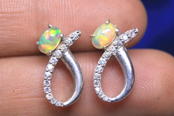 Ethiopian Fire Opal 925 Sterling Silver Stud Earrings, Moissanite opal Gemstone Bridal Jewelry Gift
