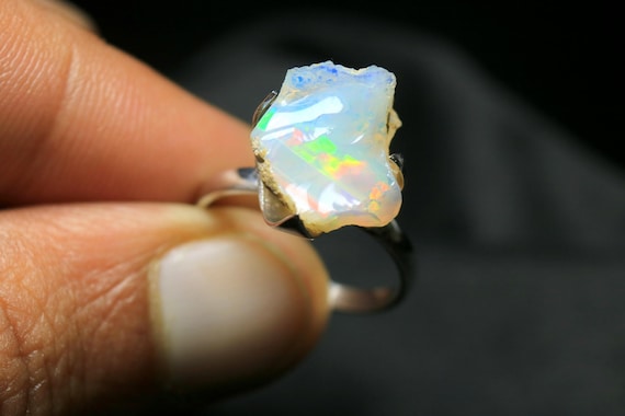 Raw Ethiopian Opal Ring: 925 Sterling Silver Solitaire, Size 7