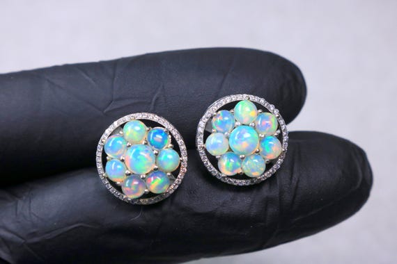 Floral Opal Stud Earrings, Round Multi Stone Cluster Jewelry, Gift for Wife