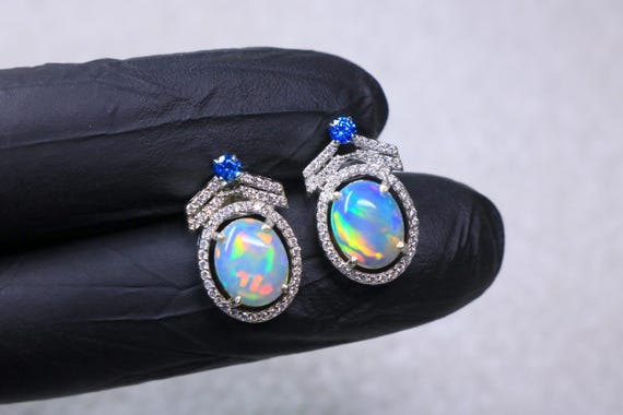 Natural Ethiopian Opal Earrings, Sterling Silver Fire Opal Halo Stud, Blue Accent Stone