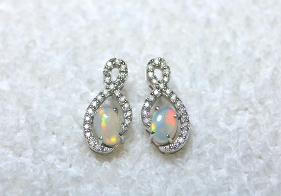 Fire Opal 925 Silver Stud Earrings, Moissanite Halo, October Birthstone