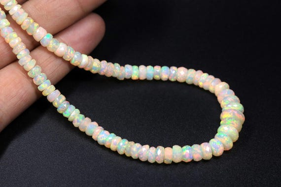 Natural White Ethiopian Opal Faceted Rondelle Beads, Genuine Fire Opal Gemstone Strand (3-5mm)
