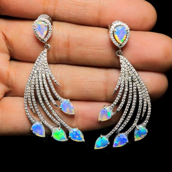 Art Deco Ethiopian Opal Earrings: Moissanite 925 Sterling Silver