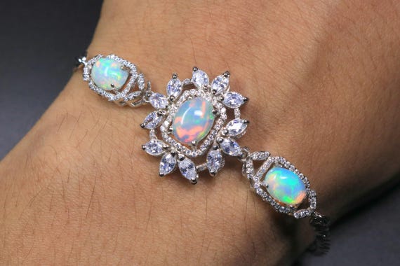 Natural Opal Bracelet for Women, Vintage Style Oval Fire Opal Jewelry, October Birthstone Gift