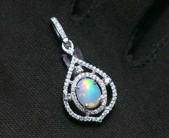 Ethiopian Opal Pendant: Sterling Silver Necklace, Moissanite Accents
