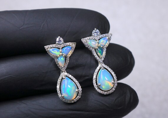 Genuine White Fire Opal Cluster Drop Dangles Earrings, Opal Wedding Jewelry, October Birthstone Gift