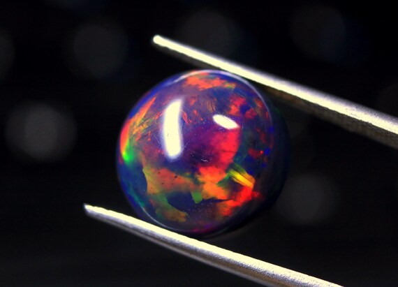 AAA Ethiopian Black Opal Cabochon, Round Welo Opal Gemstone (13.50x8 MM, 6.50 CT)