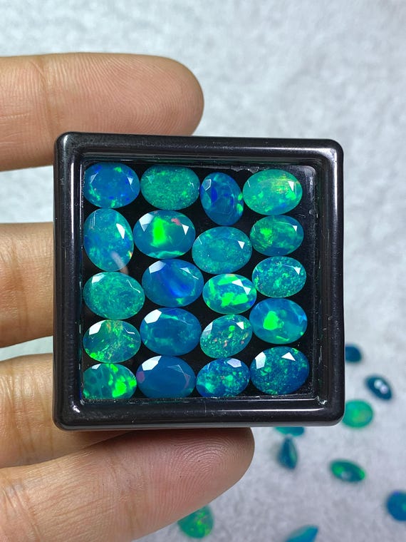 Faceted Ethiopian Green Opal Gemstone Lot, Oval Shape, Multi Fire Welo Opal Loose Stone