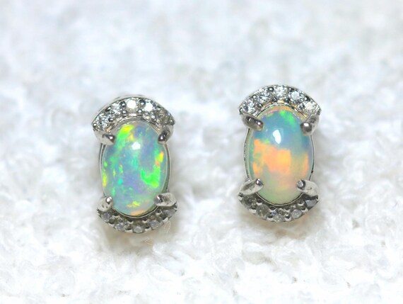 Oval Ethiopian Fire Opal Moissanite Stud Earrings, 925 Sterling Silver Dainty Pair