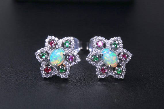 Multi Gemstone Opal Stud Earrings, Sterling Silver Flower Halo Earrings, Christmas Gift for Her