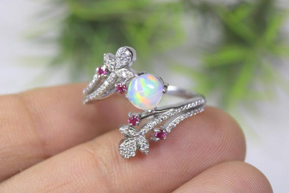 Handcrafted Ethiopian Opal Ring, Moissanite Accents, Vintage Flower Crown Design Jewelry Gift For Her