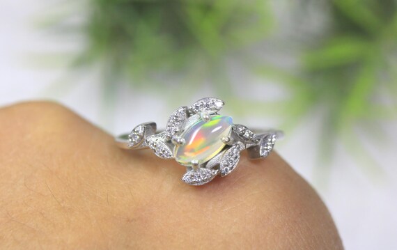 Marquise Opal Ring Silver, Unique Leafy Bypass Band, Dainty Botanical Bridal Jewelry For Her