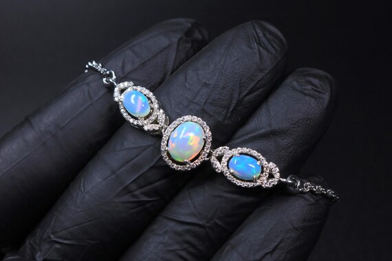 Natural Ethiopian Opal Bracelet, Three Oval Halo Fire Gemstones, October Birthstone Bridal Jewelry Gift