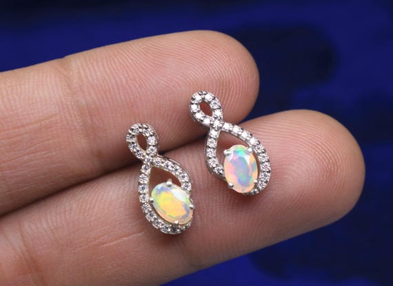 Faceted Oval Cut White Opal With Moissanite Sterling Silver Stud Earring, October Birthstone Earrings