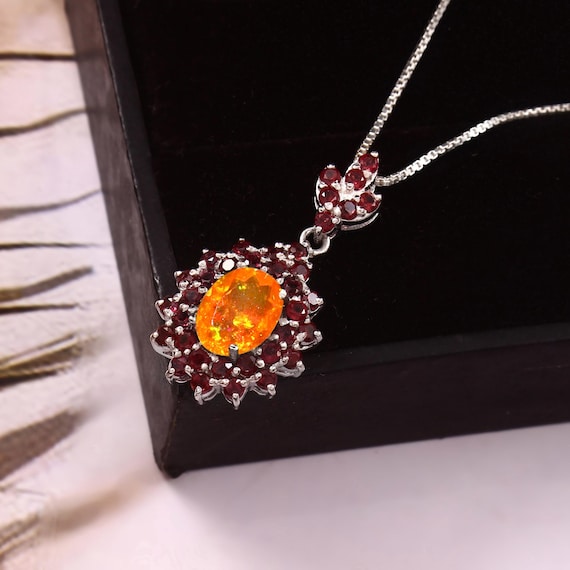 Large Natural Orange Fire Opal Necklace See Fire On Photo! Big 30x15 MM, Lab Created Opal, 925 Sterling Art Deco Style Pendant w/3.40"