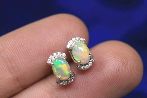 Natural Ethiopian Opal Gemstone Silver Stud Earrings, Minimalist Moissanite Anniversary Jewelry Gift