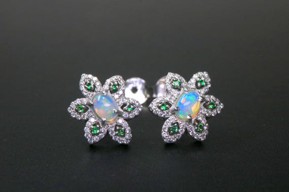 Opal Flower Stud Earrings, 6 Petal Sterling Silver Blossom Studs, Emerald Green Accent Halo Earrings