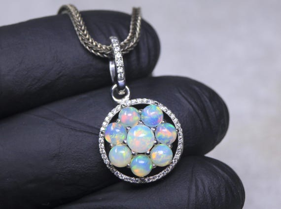 White Opal Round Cluster Pendant, Sterling Silver Circle Jewelry, October Birthstone Gift For Her
