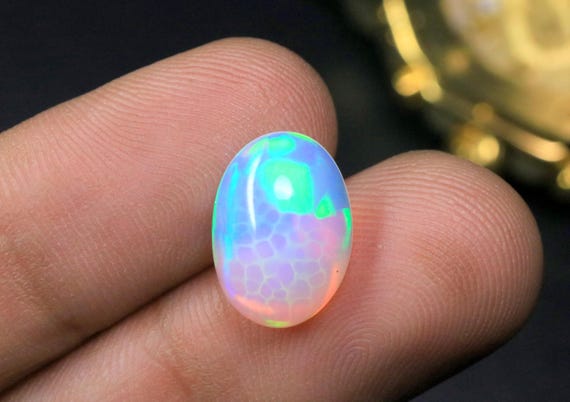 Natural Honeycomb Ethiopian Opal Cabochon, 3.60 CT Oval Welo Fire Gemstone for Ring