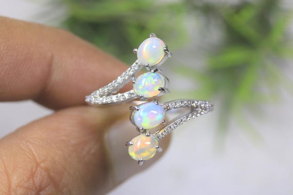 Four Stone Opal Ring Silver, Unique Vertical Cluster Band, Dainty Multi Gemstone Jewelry