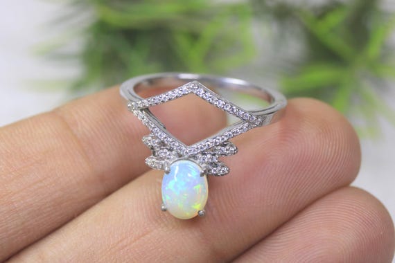 Vintage White Gemstone Crown, Delicate Promise Piece, Fine Moissanite Chevron Engagement, October Birthstone Present