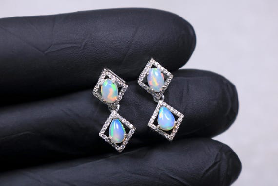 White Opal Drop Dangle Earrings Sterling Silver, Teardrop Halo Bridal Earrings, October Birthstone Gift