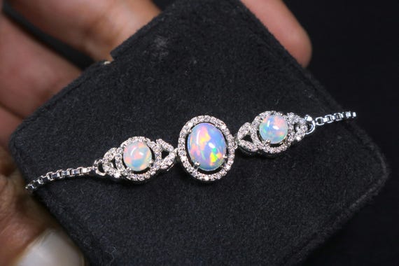 Natural Ethiopian Opal Bracelet, Sterling Silver Adjustable Bolo Chain, October Birthstone Bridal Jewelry Gift
