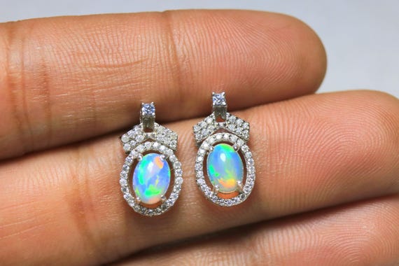 Fire Opal 925 Silver Stud Earrings, Moissanite Halo, October Birthstone