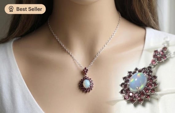 White Opal Garnet Cluster Pendant Necklace | 925 Sterling Silver, Boho Art Deco Style