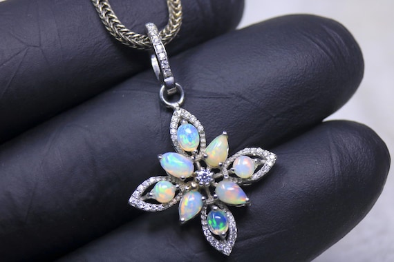 Ethiopian Opal Flower Pendant, Dainty Opal Starburst Jewelry, October Birthstone Gift for Her