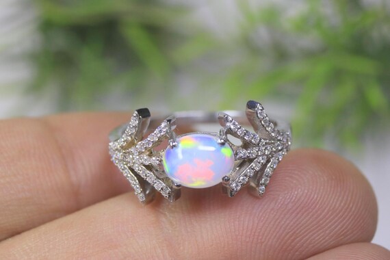 Art Deco Ethiopian Opal Ring, Olive Branch Bridal Cluster band, October Birthstone Gift Her