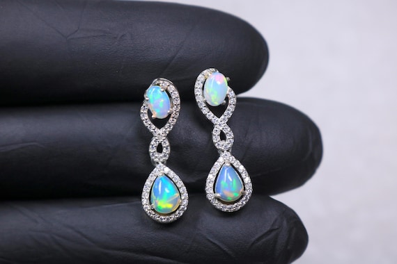 White Opal Drop Dangle Earrings Sterling Silver, Teardrop Halo Bridal Earrings, October Birthstone Gift