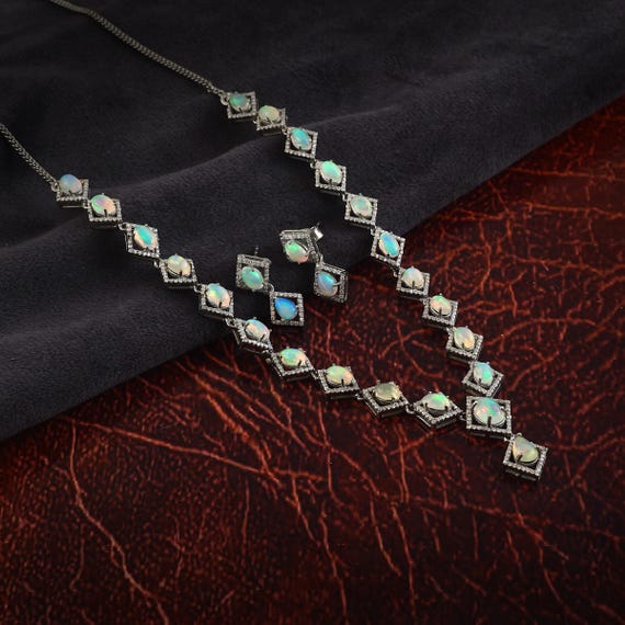 Natural Ethiopian Opal Geometric Jewelry Set, Halo Earrings Necklace, Wedding Gift
