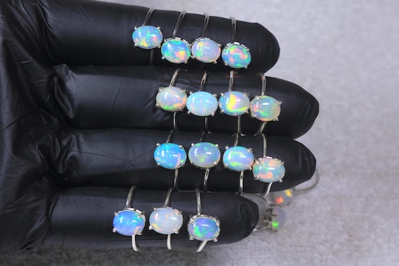 Natural Multi Fire Opal Cabochon Gemstone 925 Silver Prong Ring: Wedding Solitaire Ring