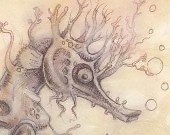 Aquarelle/water colors and colored pes Poisonous Sea Horse Small Painting Sepia Study.