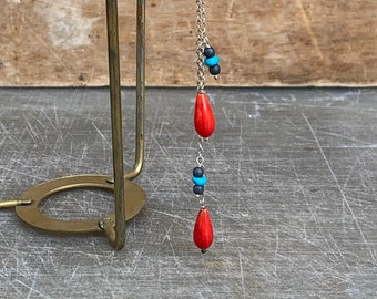 Extra Long Earring - Coral Turquoise Onyx Silver - Single Earring Summer Color Splash